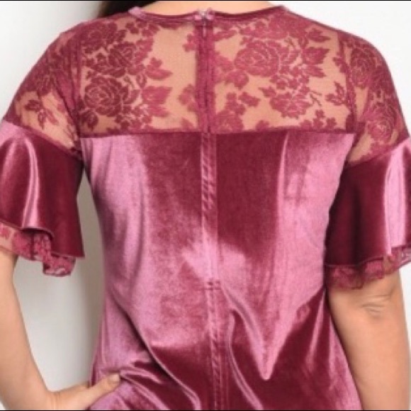 Dark Mauve Pink Velvet Lace Detail Short Ruffle Sleeve Plus Dress NEW - Picture 4 of 12